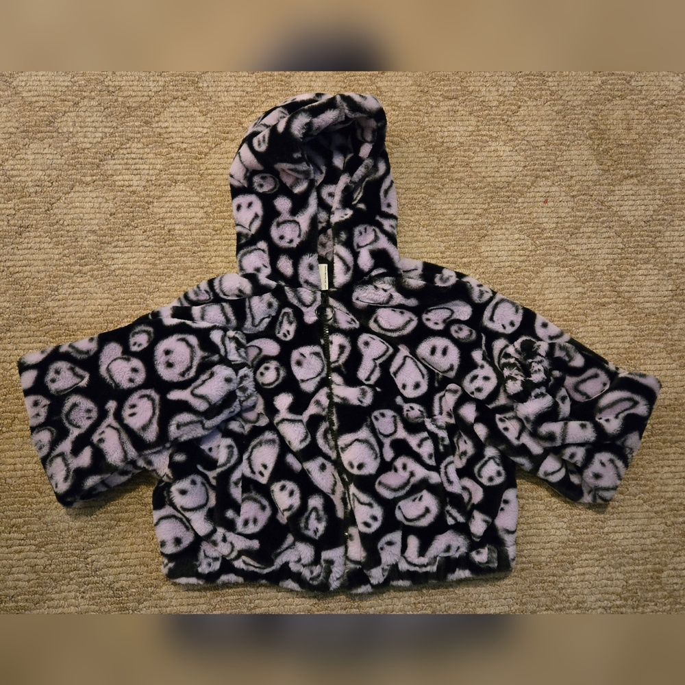 H&M x Smiley oversized faux fur jacket in purple and black Sz.L